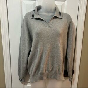 All Row Womens Collared Gray Long Sleeve Knit Pullover Striped Collar and Cuffs